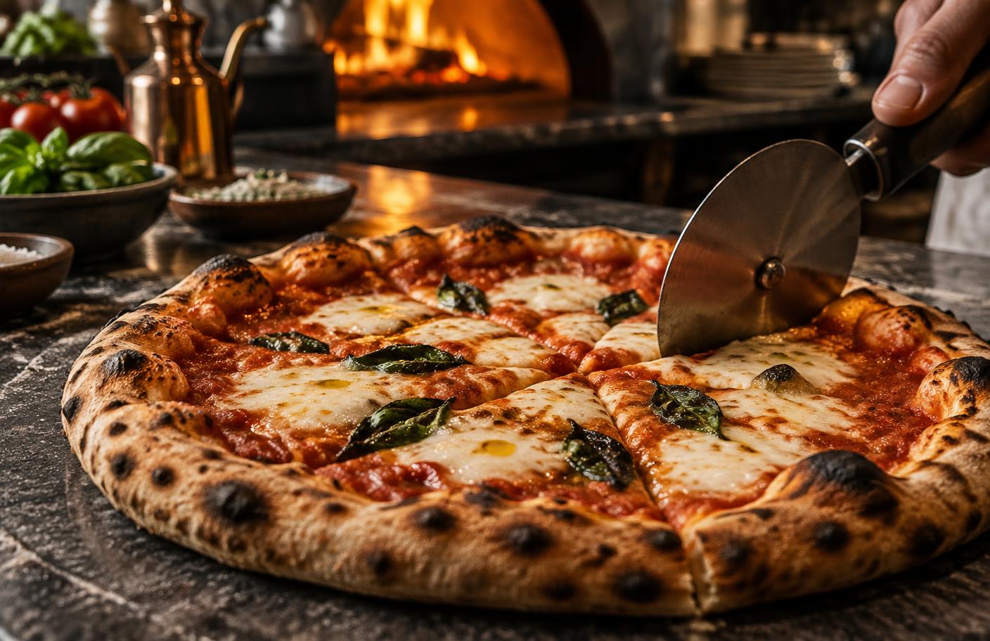 Fırından çıkan pizzanın hazırlanışı